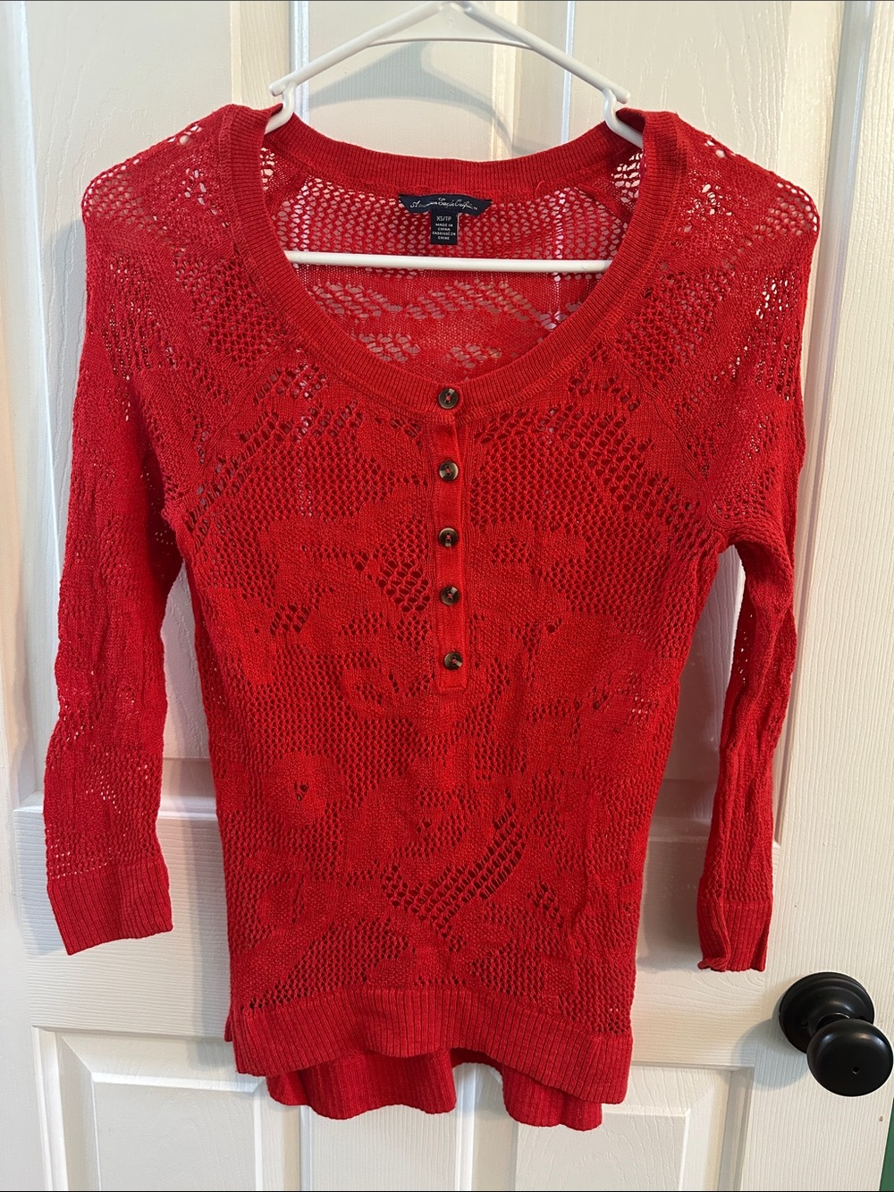 0154 American Eagle Outfitters‎ Red Open-Knit Henley Sweater Top